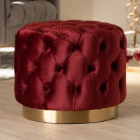 Baxton Studio TSFOT030-Burgundy/Gold-Otto Valeria Glam Burgundy Red Velvet Fabric Upholstered Gold-Finished Button Tufted Ottoman